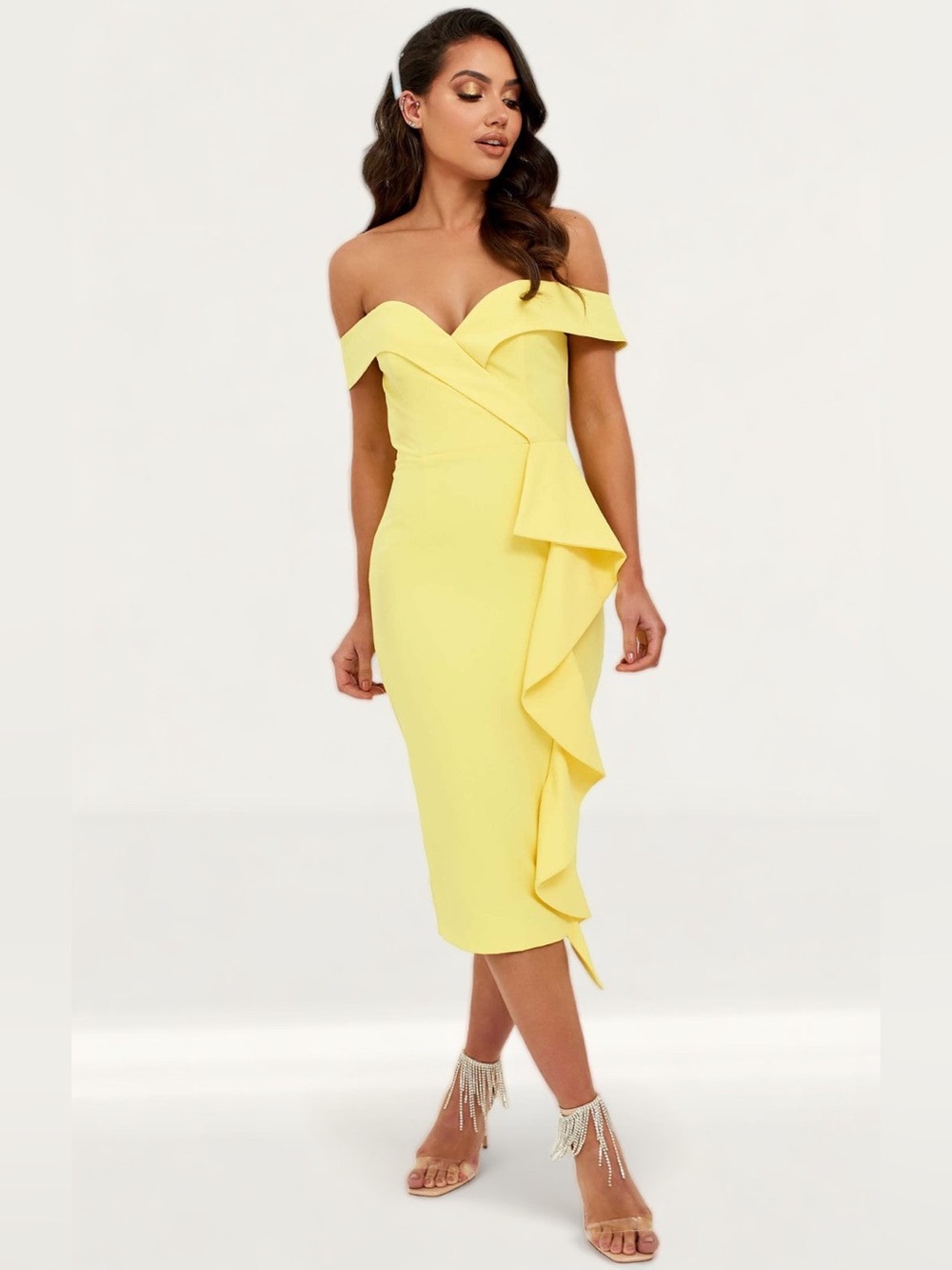 Lavish Alice Yellow Bardot Midi Dress size 8